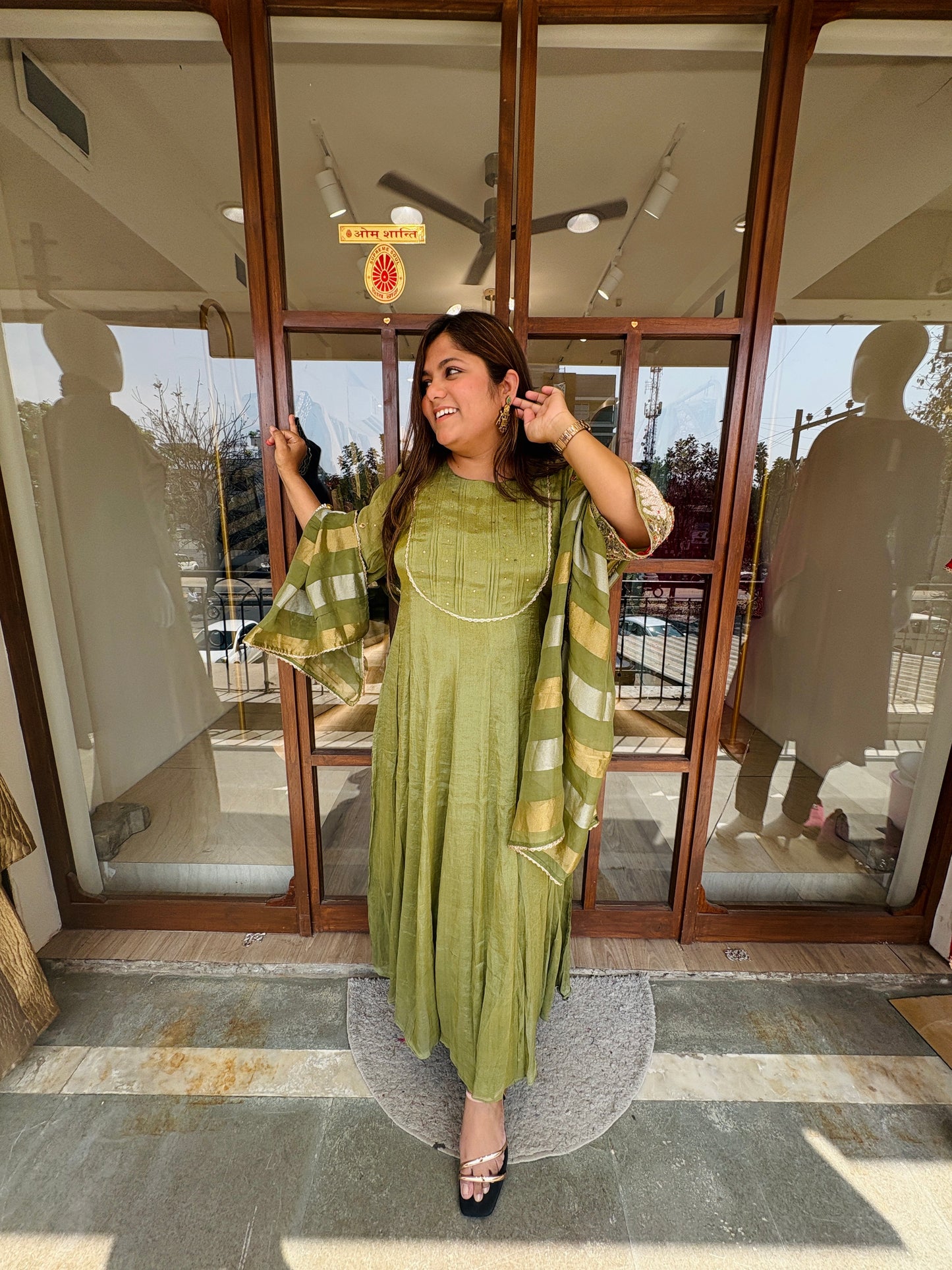 Green shimmer tissue anrkali Dress~Haryali Noor #2749