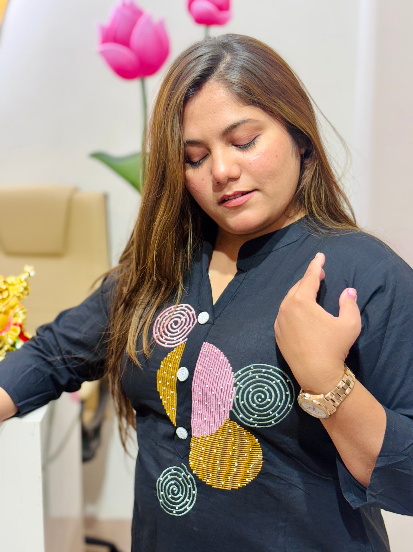 Black Embroidery Cotton Kurta set #2037