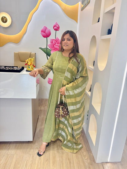 Green shimmer tissue anrkali Dress~Haryali Noor #2749