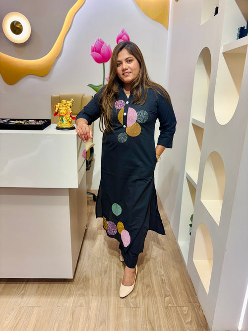 Black Embroidery Cotton Kurta set #2037
