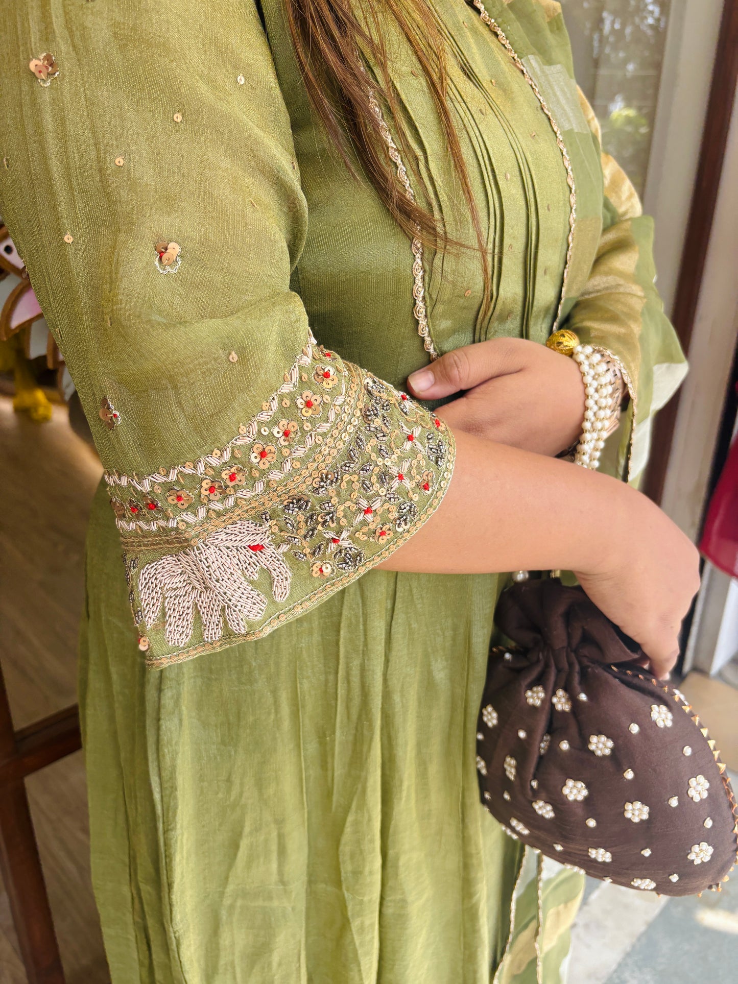 Green shimmer tissue anrkali Dress~Haryali Noor #2749