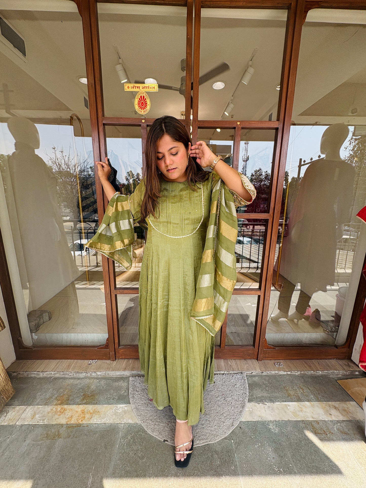 Green shimmer tissue anrkali Dress~Haryali Noor #2749