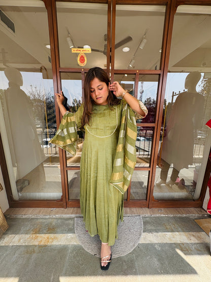 Green shimmer tissue anrkali Dress~Haryali Noor #2749