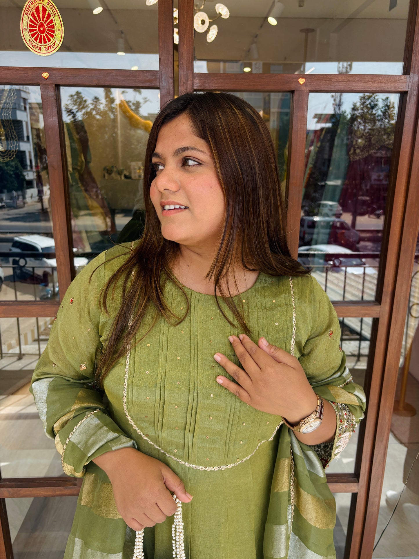 Green shimmer tissue anrkali Dress~Haryali Noor #2749