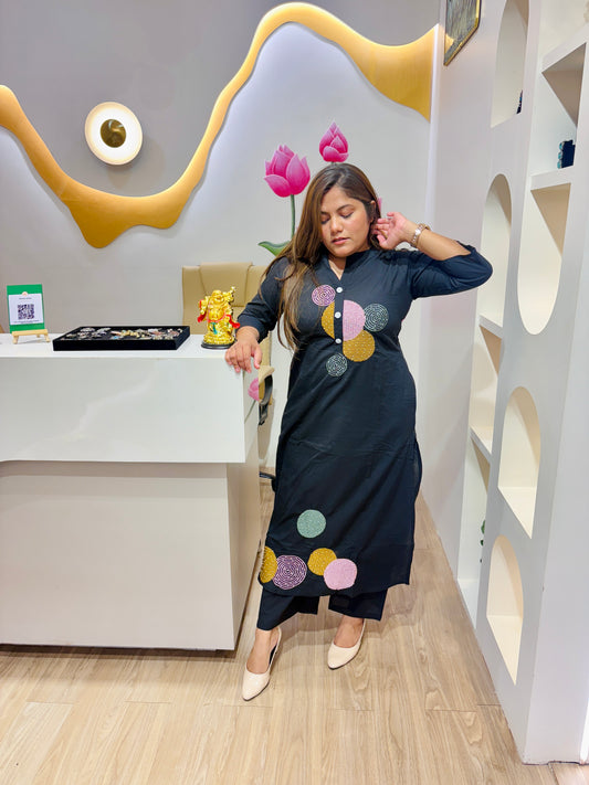 Black Embroidery Cotton Kurta set #2037