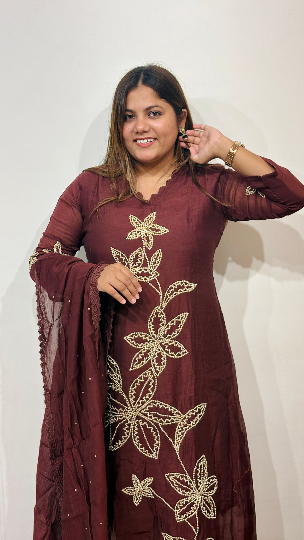 Brown Bloom Chanderi Suit Set