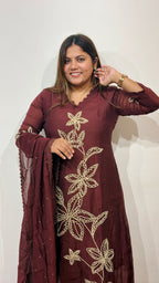 Brown Bloom Chanderi Suit Set