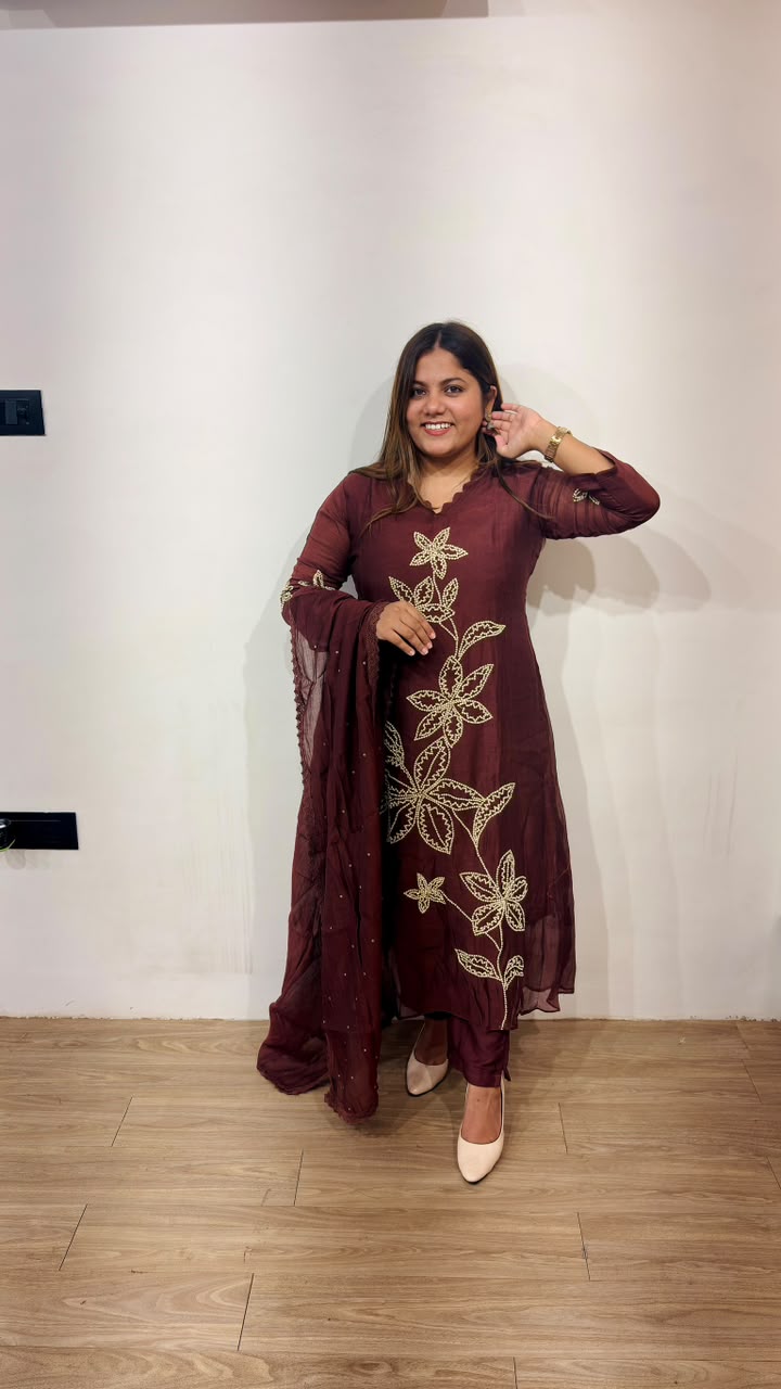 Brown Bloom Chanderi Suit Set